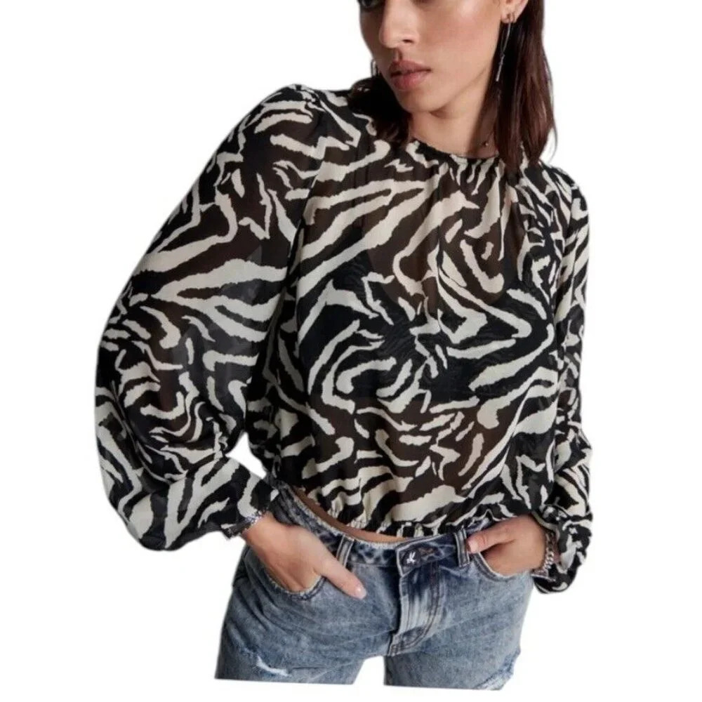 ONE TEASPOON Black White Dimensions Bubble Long Sleeve Blouse Top Size Medium